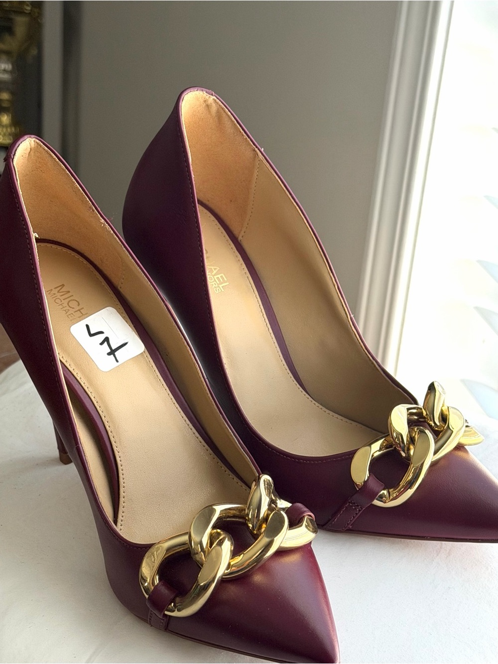 Michael Kors Burgundy Pointed Toe Pumps with Gold Chain Accent